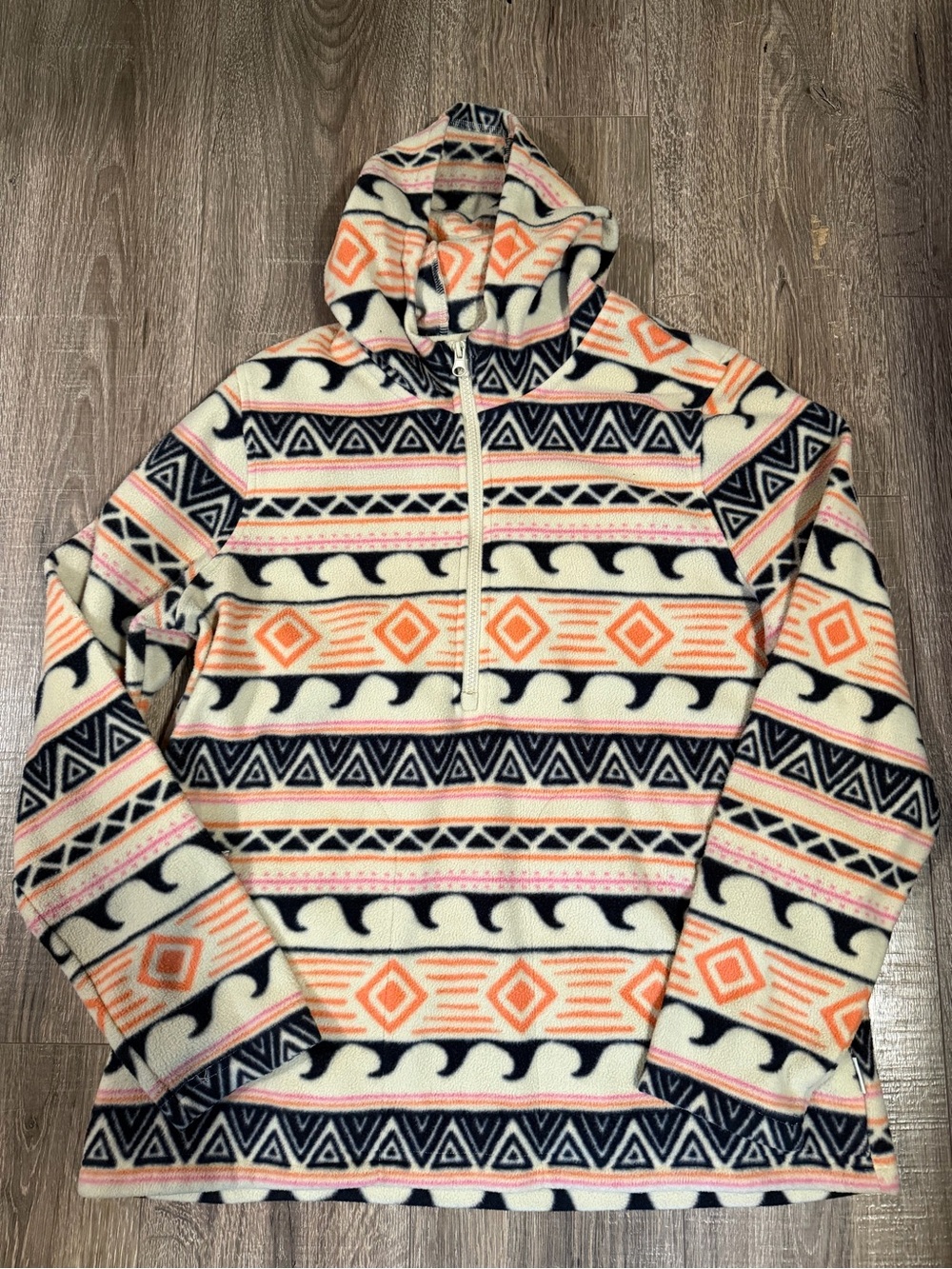 O'Neill Ivory Hooded Half-Zip Fleece with Navy & Coral Pattern
